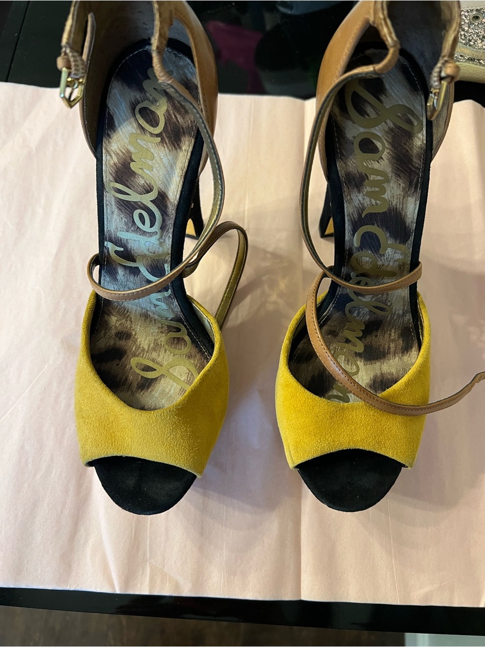 Sam Edelman Yellow Suede, Black Suede & Brown Leather Platform Heels - Picture 2 of 7